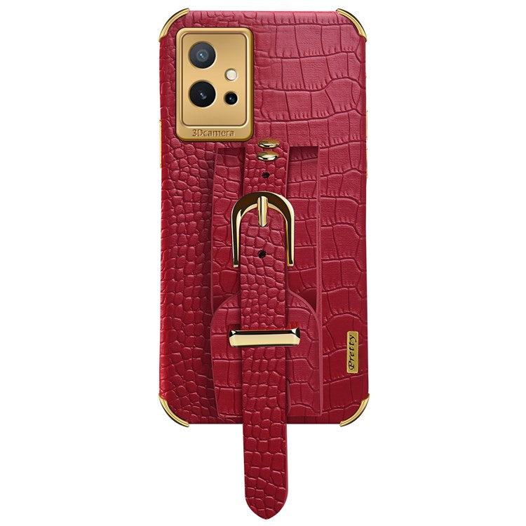 Electroplating Crocodile Texture Phone Case for vivo Y75 5G, Shockproof Precise Cutout PU Leather Coated TPU Shell with Hand Strap Kickstand - Red