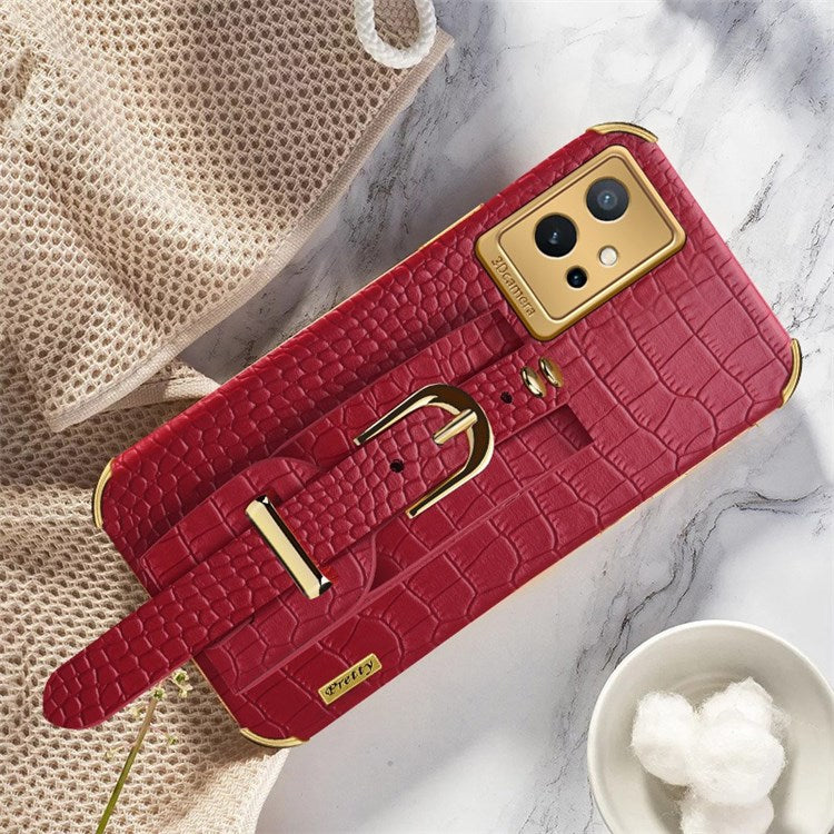 Electroplating Crocodile Texture Phone Case for vivo Y75 5G, Shockproof Precise Cutout PU Leather Coated TPU Shell with Hand Strap Kickstand - Red