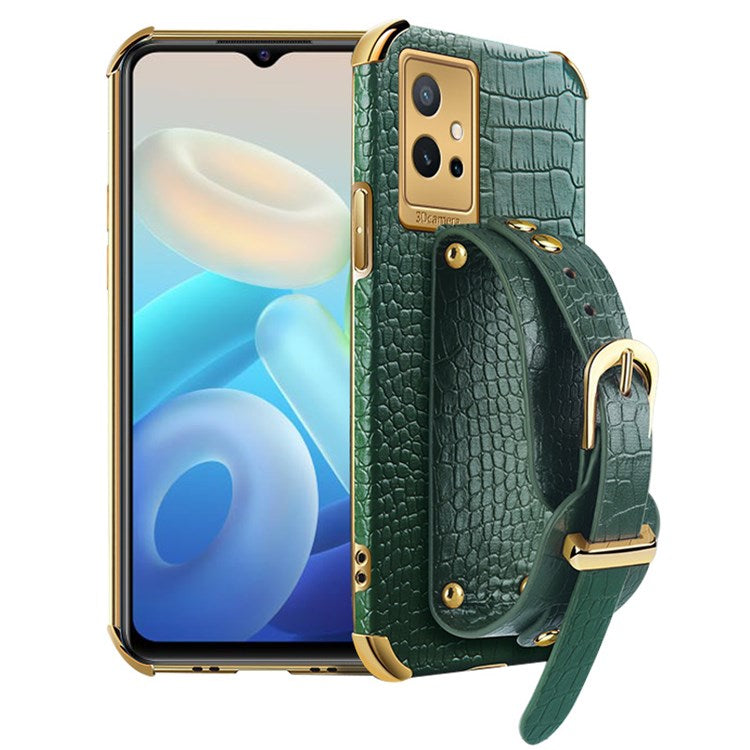 Electroplating Crocodile Texture Phone Case for vivo Y75 5G, Shockproof Precise Cutout PU Leather Coated TPU Shell with Hand Strap Kickstand - Green