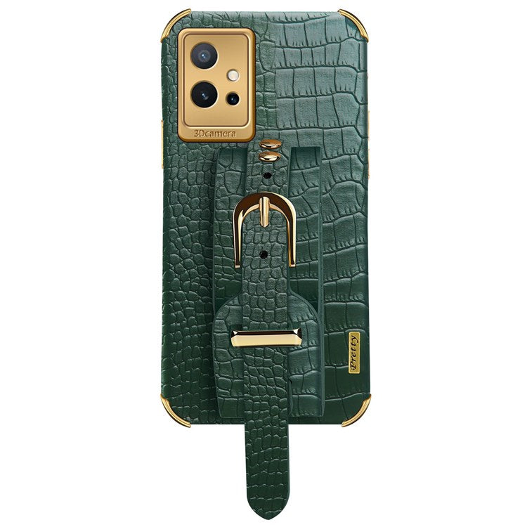 Electroplating Crocodile Texture Phone Case for vivo Y75 5G, Shockproof Precise Cutout PU Leather Coated TPU Shell with Hand Strap Kickstand - Green