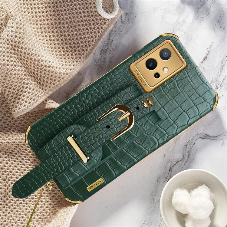 Electroplating Crocodile Texture Phone Case for vivo Y75 5G, Shockproof Precise Cutout PU Leather Coated TPU Shell with Hand Strap Kickstand - Green