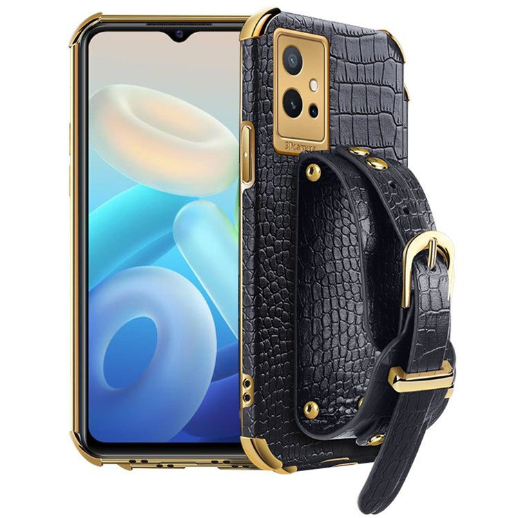 Electroplating Crocodile Texture Phone Case for vivo Y75 5G, Shockproof Precise Cutout PU Leather Coated TPU Shell with Hand Strap Kickstand - Black