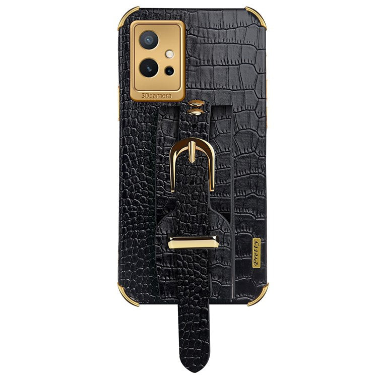 Electroplating Crocodile Texture Phone Case for vivo Y75 5G, Shockproof Precise Cutout PU Leather Coated TPU Shell with Hand Strap Kickstand - Black