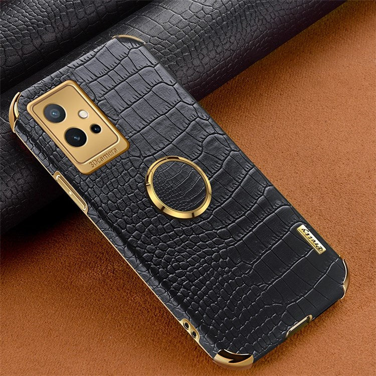 For vivo Y75 5G Ring Holder Kickstand Case Precise Cutout Crocodile Texture Leather Coated TPU 6D Electroplated Shockproof Protective Shell - Black