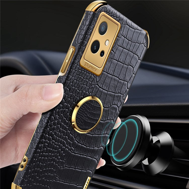 For vivo Y75 5G Ring Holder Kickstand Case Precise Cutout Crocodile Texture Leather Coated TPU 6D Electroplated Shockproof Protective Shell - Black