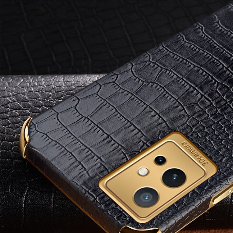 For vivo Y75 5G Ring Holder Kickstand Case Precise Cutout Crocodile Texture Leather Coated TPU 6D Electroplated Shockproof Protective Shell - Black