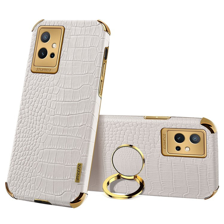 For vivo Y75 5G Ring Holder Kickstand Case Precise Cutout Crocodile Texture Leather Coated TPU 6D Electroplated Shockproof Protective Shell - White