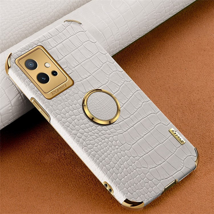 For vivo Y75 5G Ring Holder Kickstand Case Precise Cutout Crocodile Texture Leather Coated TPU 6D Electroplated Shockproof Protective Shell - White