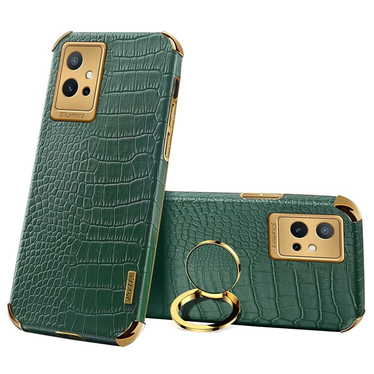 For vivo Y75 5G Ring Holder Kickstand Case Precise Cutout Crocodile Texture Leather Coated TPU 6D Electroplated Shockproof Protective Shell - Green