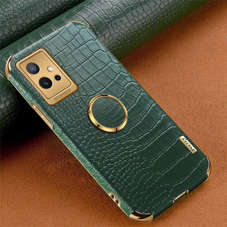 For vivo Y75 5G Ring Holder Kickstand Case Precise Cutout Crocodile Texture Leather Coated TPU 6D Electroplated Shockproof Protective Shell - Green