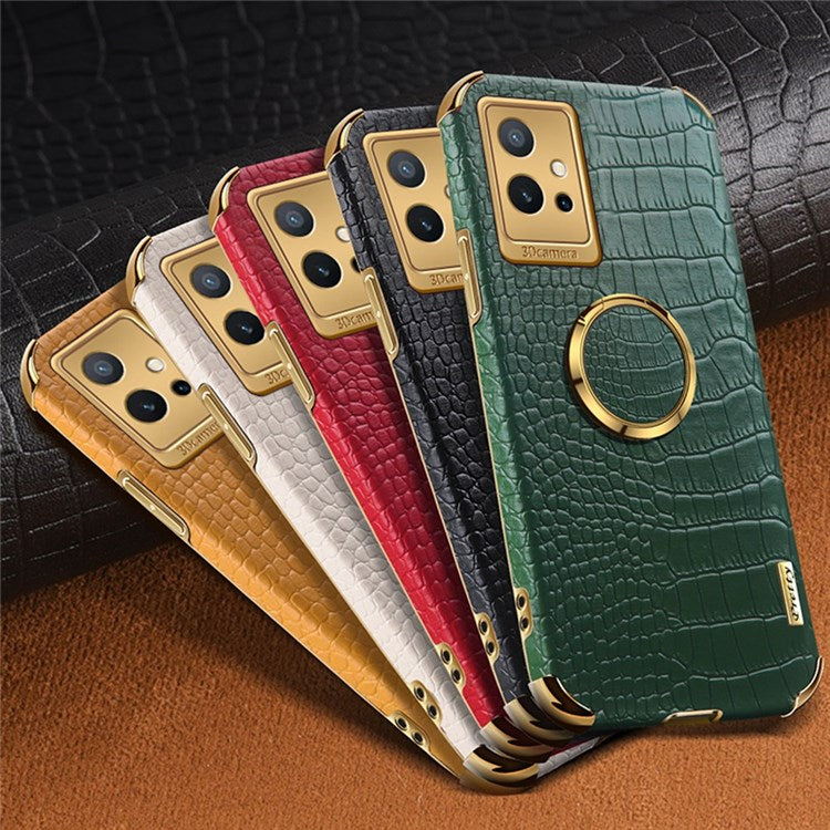 For vivo Y75 5G Ring Holder Kickstand Case Precise Cutout Crocodile Texture Leather Coated TPU 6D Electroplated Shockproof Protective Shell - Green