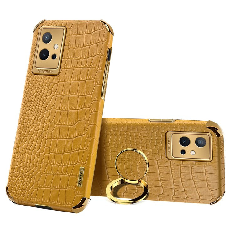 For vivo Y75 5G Ring Holder Kickstand Case Precise Cutout Crocodile Texture Leather Coated TPU 6D Electroplated Shockproof Protective Shell - Yellow