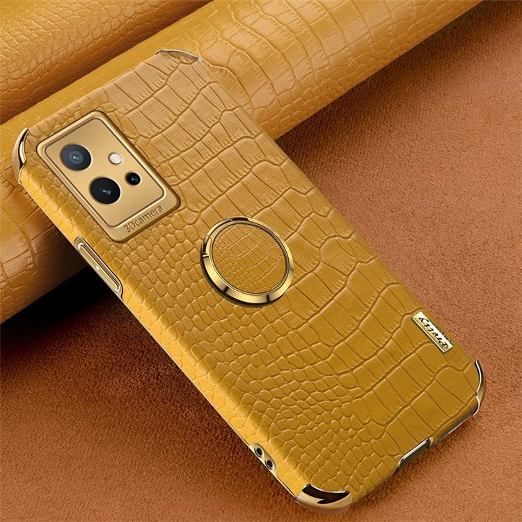 For vivo Y75 5G Ring Holder Kickstand Case Precise Cutout Crocodile Texture Leather Coated TPU 6D Electroplated Shockproof Protective Shell - Yellow