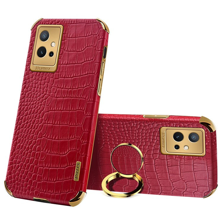 For vivo Y75 5G Ring Holder Kickstand Case Precise Cutout Crocodile Texture Leather Coated TPU 6D Electroplated Shockproof Protective Shell - Red