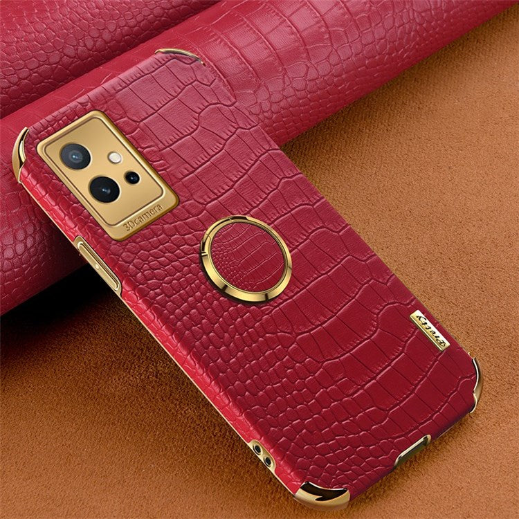 For vivo Y75 5G Ring Holder Kickstand Case Precise Cutout Crocodile Texture Leather Coated TPU 6D Electroplated Shockproof Protective Shell - Red