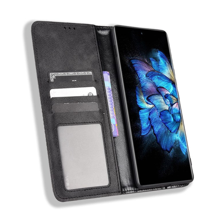 For vivo X Note Retro Surface Auto-Absorbed Leather Phone Cover, Folio Flip Wallet Folding Stand Case Phone Accessory - Black