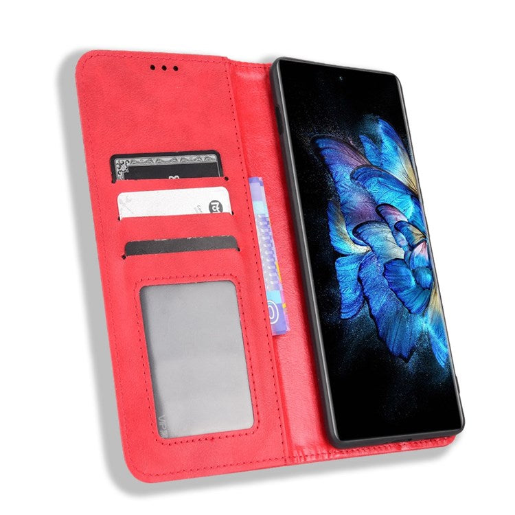 For vivo X Note Retro Surface Auto-Absorbed Leather Phone Cover, Folio Flip Wallet Folding Stand Case Phone Accessory - Red