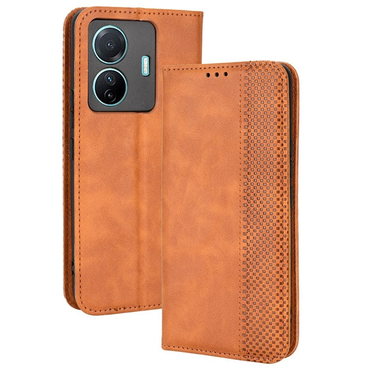 Retro Surface Anti-Fall Case for vivo S15e 5G Wallet Phone Case Leather Mobile Phone Protector with Stand - Brown