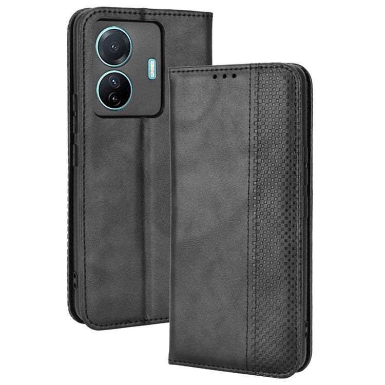 Retro Surface Anti-Fall Case for vivo S15e 5G Wallet Phone Case Leather Mobile Phone Protector with Stand - Black