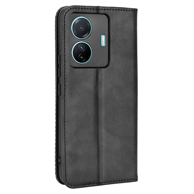 Retro Surface Anti-Fall Case for vivo S15e 5G Wallet Phone Case Leather Mobile Phone Protector with Stand - Black