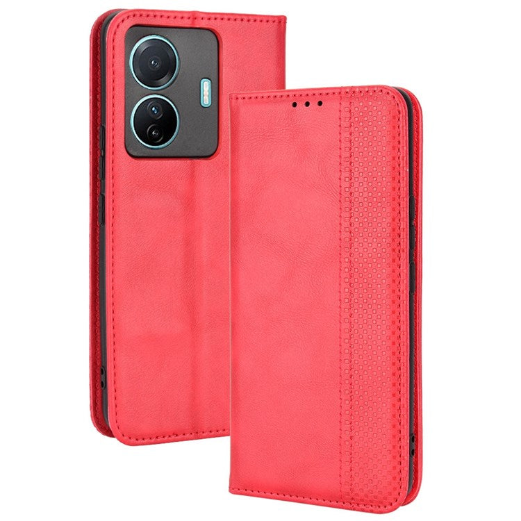 Retro Surface Anti-Fall Case for vivo S15e 5G Wallet Phone Case Leather Mobile Phone Protector with Stand - Red