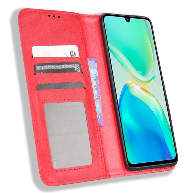 Retro Surface Anti-Fall Case for vivo S15e 5G Wallet Phone Case Leather Mobile Phone Protector with Stand - Red