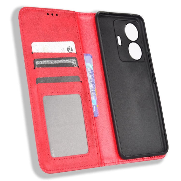 Retro Surface Anti-Fall Case for vivo S15e 5G Wallet Phone Case Leather Mobile Phone Protector with Stand - Red