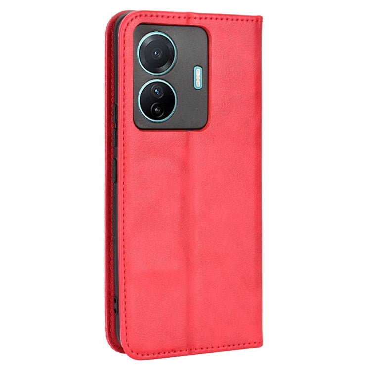 Retro Surface Anti-Fall Case for vivo S15e 5G Wallet Phone Case Leather Mobile Phone Protector with Stand - Red