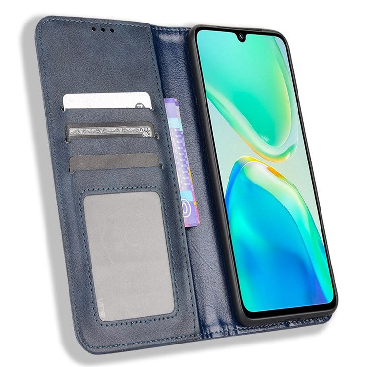 Retro Surface Anti-Fall Case for vivo S15e 5G Wallet Phone Case Leather Mobile Phone Protector with Stand - Blue