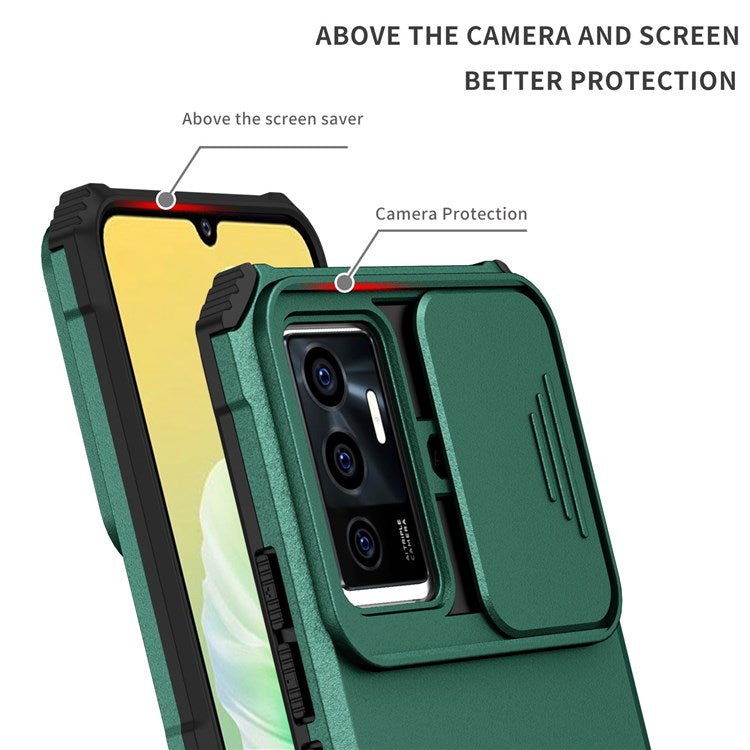 Protective Phone Case for vivo V23e 5G/S10e 5G Kickstand PC + TPU Cover with Sliding Camera Protection - Blackish Green