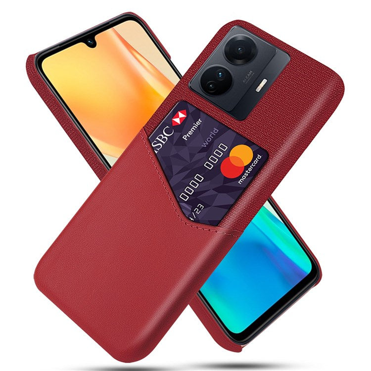 For vivo S15e 5G/T1 (Snapdragon 778G) 5G/iQOO Z6 Pro 5G Card Holder Shockproof PU Leather Coated Hard PC Case Cloth Texture Phone Cover - Red