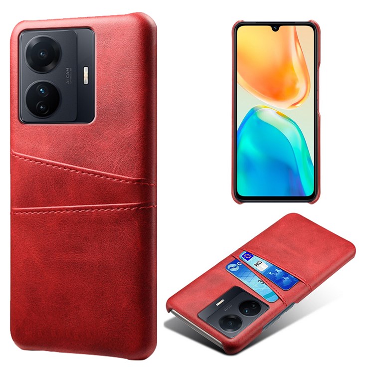 For vivo S15e 5G/T1 (Snapdragon 778G) 5G/iQOO Z6 Pro 5G Cell Phone Protective Case Dual Card Slots PU Leather Coated Hard PC Back Cover - Red