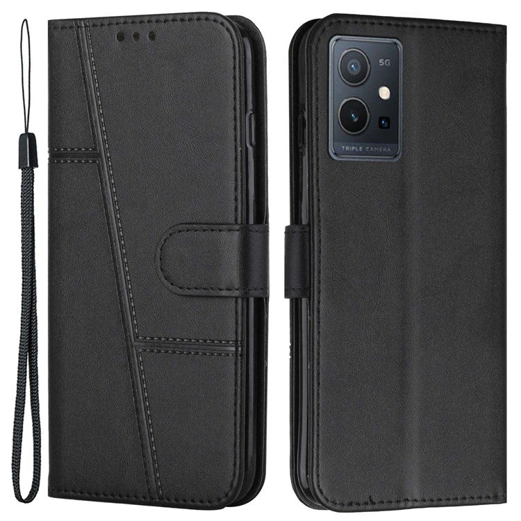 For vivo T1 5G/Y75 5G/Y55 5G Flip Leather Case Stitching Shockproof Phone Cover Folio Stand with Strap - Black