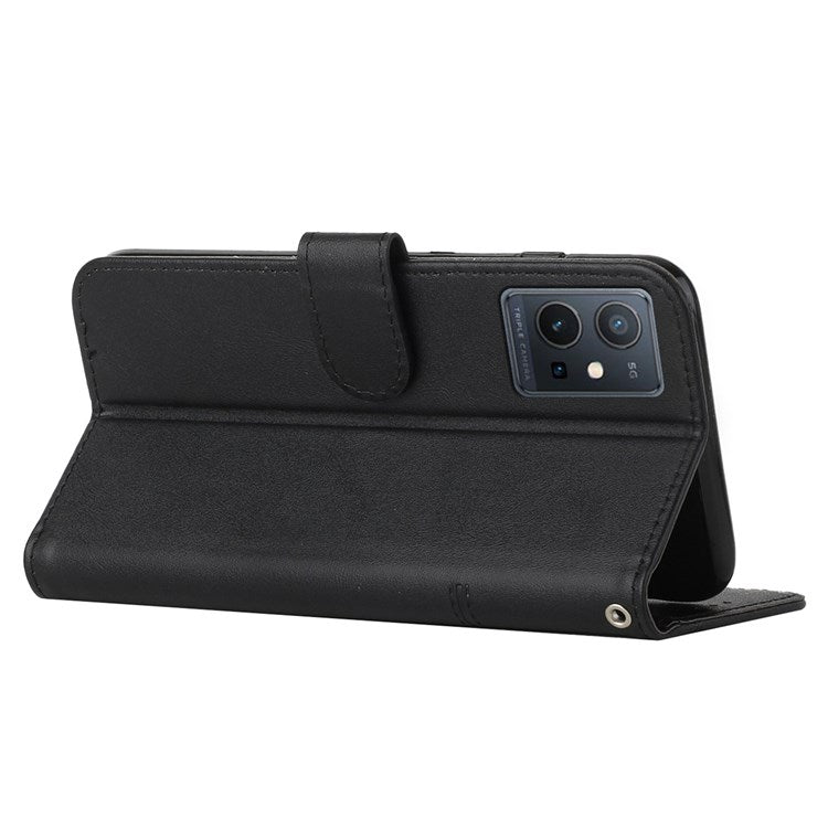 For vivo T1 5G/Y75 5G/Y55 5G Flip Leather Case Stitching Shockproof Phone Cover Folio Stand with Strap - Black