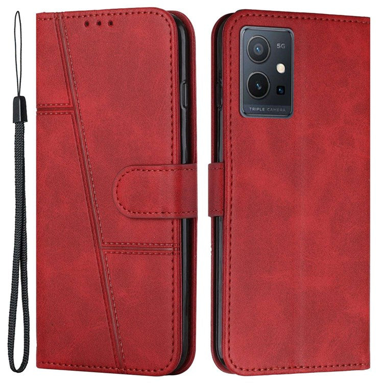 For vivo T1 5G/Y75 5G/Y55 5G Flip Leather Case Stitching Shockproof Phone Cover Folio Stand with Strap - Red