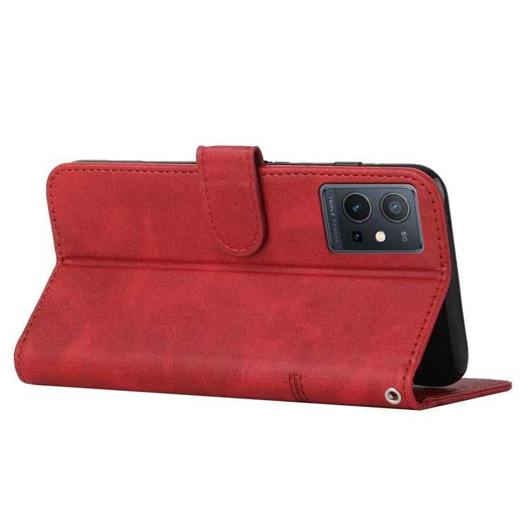 For vivo T1 5G/Y75 5G/Y55 5G Flip Leather Case Stitching Shockproof Phone Cover Folio Stand with Strap - Red