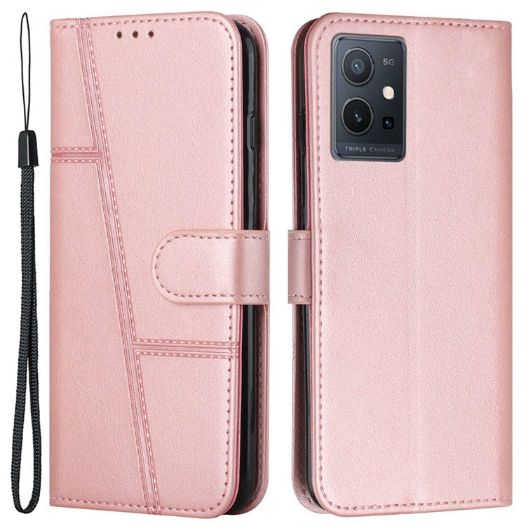 For vivo T1 5G/Y75 5G/Y55 5G Flip Leather Case Stitching Shockproof Phone Cover Folio Stand with Strap - Rose Gold