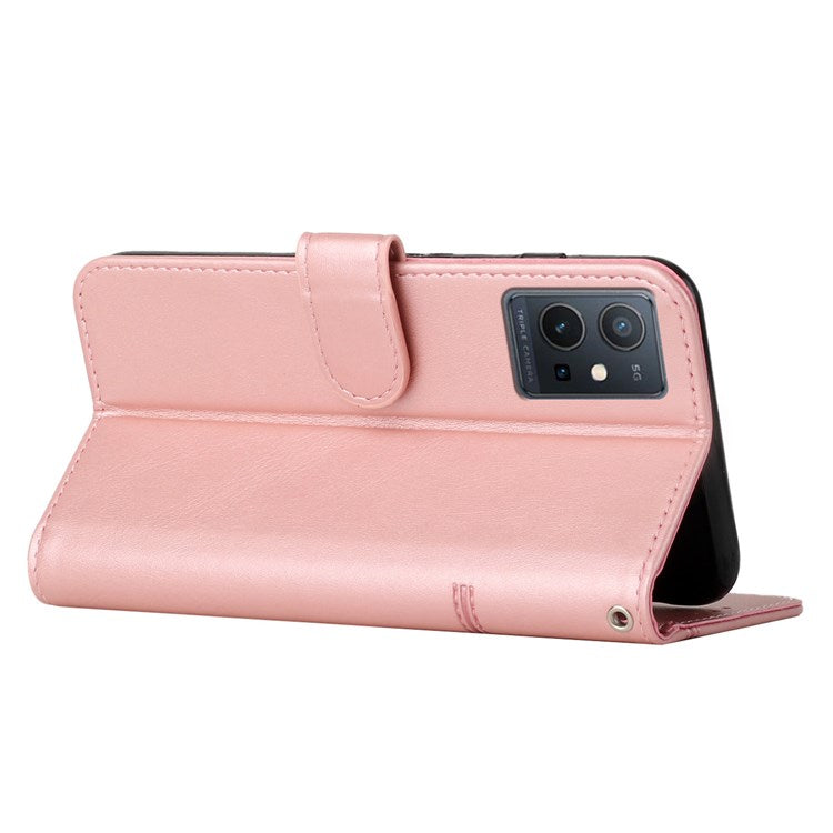 For vivo T1 5G/Y75 5G/Y55 5G Flip Leather Case Stitching Shockproof Phone Cover Folio Stand with Strap - Rose Gold