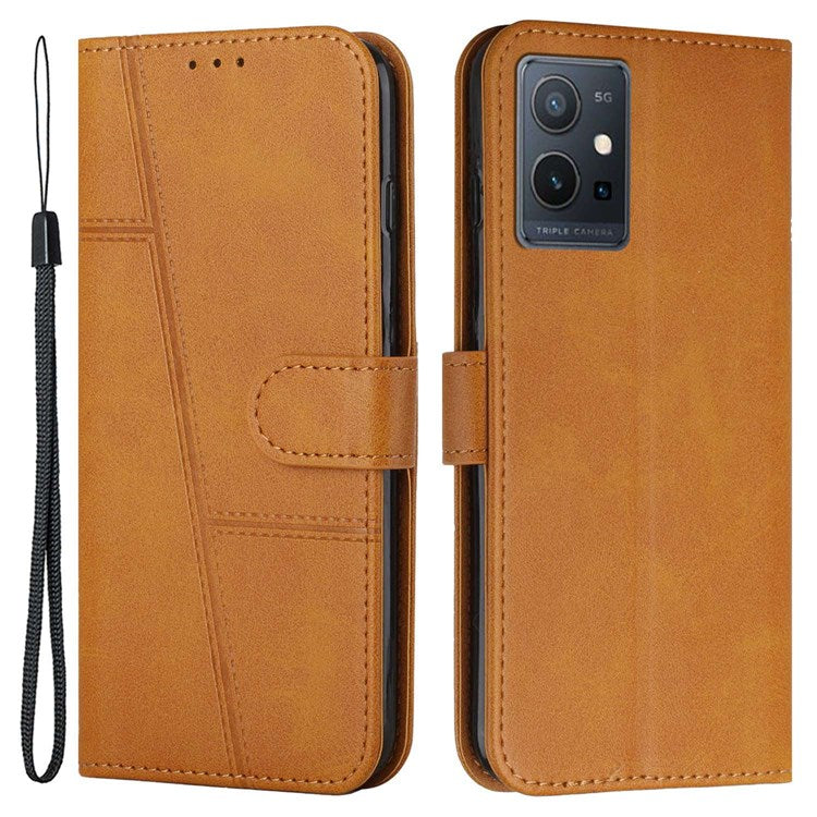 For vivo T1 5G/Y75 5G/Y55 5G Flip Leather Case Stitching Shockproof Phone Cover Folio Stand with Strap - Yellow