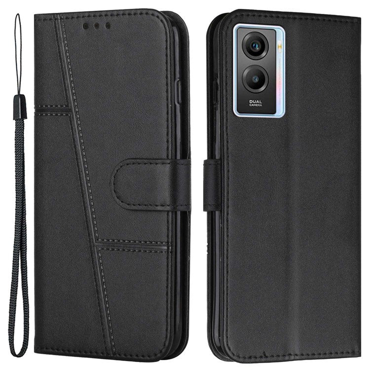 For vivo Y55s 5G Anti-fall Flip Case Stitching PU Leather Protective Phone Case Folio Stand Shockproof Cover with Strap - Black