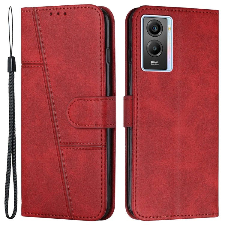 For vivo Y55s 5G Anti-fall Flip Case Stitching PU Leather Protective Phone Case Folio Stand Shockproof Cover with Strap - Red