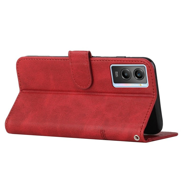 For vivo Y55s 5G Anti-fall Flip Case Stitching PU Leather Protective Phone Case Folio Stand Shockproof Cover with Strap - Red