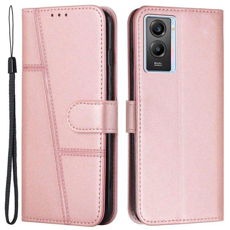 For vivo Y55s 5G Anti-fall Flip Case Stitching PU Leather Protective Phone Case Folio Stand Shockproof Cover with Strap - Rose Gold