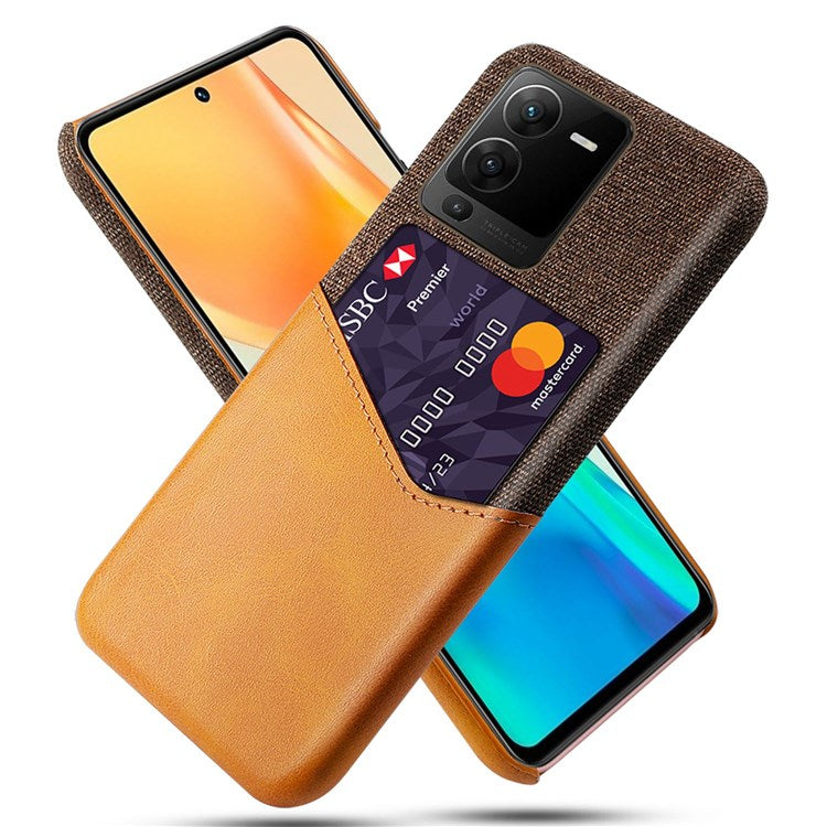 For vivo S15 5G Non-slip Phone Case Cloth Texture Card Holder PU Leather Coated PC Protective Cover - Orange