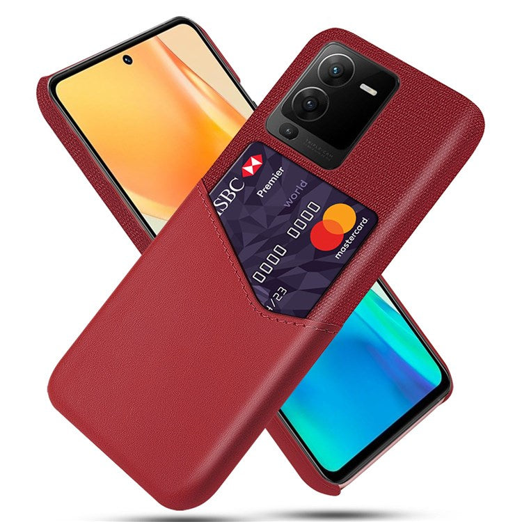 For vivo S15 5G Non-slip Phone Case Cloth Texture Card Holder PU Leather Coated PC Protective Cover - Red