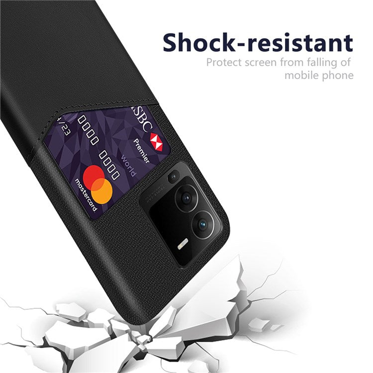 For vivo S15 Pro 5G Shock-resistant Cloth Texture Card Holder Phone Case PU Leather Coated PC Protective Cover - Black