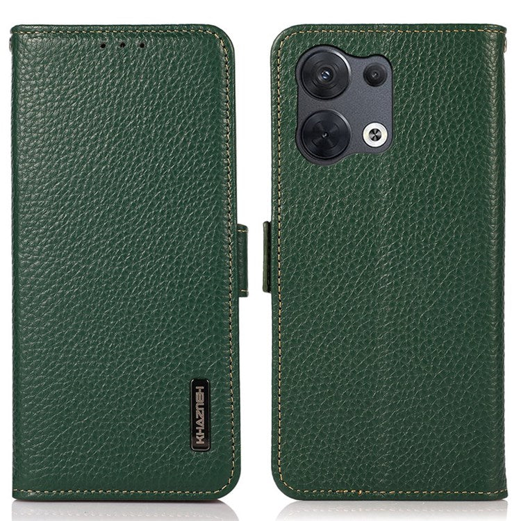 KHAZNEH RFID Blocking Genuine Leather Case for Oppo Reno8 Pro 5G (Global Version) / Reno8 Pro+ (China) 5G, Litchi Texture Stand Wallet Magnetic Clasp Phone Cover - Green