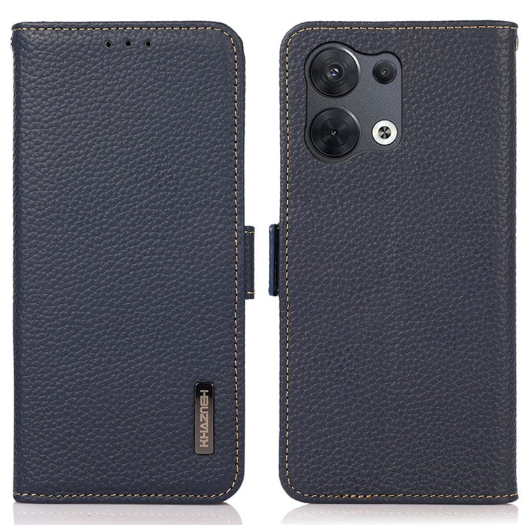 KHAZNEH RFID Blocking Genuine Leather Case for Oppo Reno8 Pro 5G (Global Version) / Reno8 Pro+ (China) 5G, Litchi Texture Stand Wallet Magnetic Clasp Phone Cover - Blue