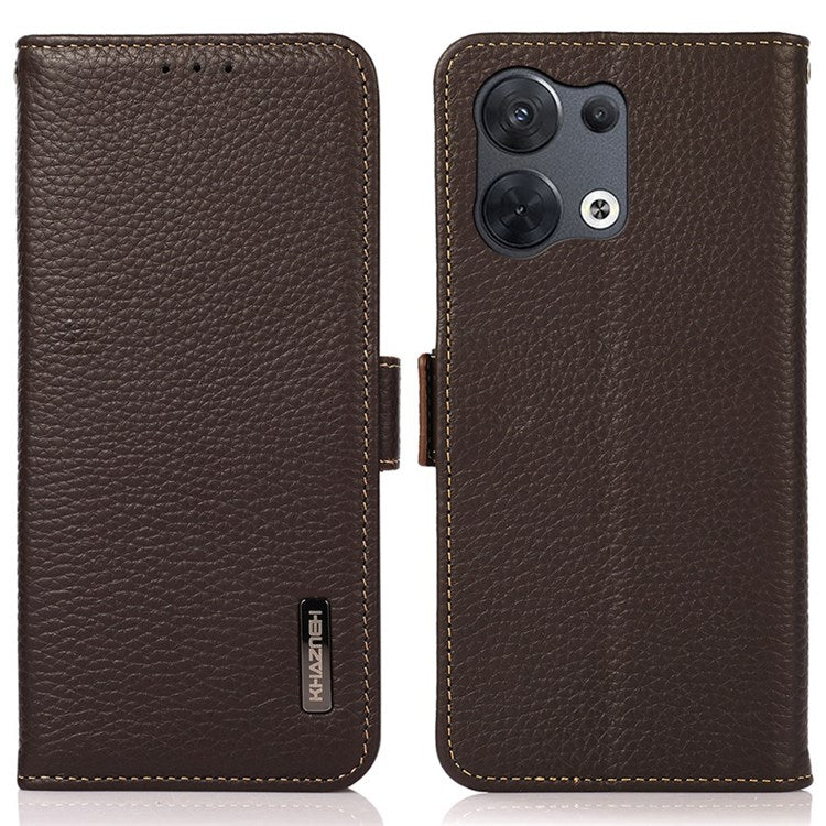 KHAZNEH RFID Blocking Genuine Leather Case for Oppo Reno8 Pro 5G (Global Version) / Reno8 Pro+ (China) 5G, Litchi Texture Stand Wallet Magnetic Clasp Phone Cover - Brown