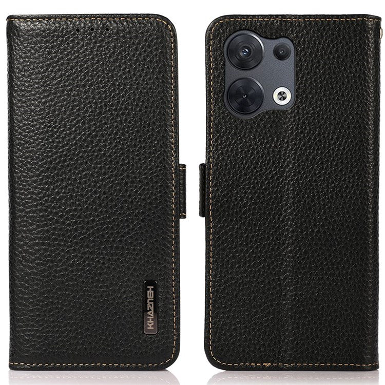 KHAZNEH RFID Blocking Genuine Leather Case for Oppo Reno8 Pro 5G (Global Version) / Reno8 Pro+ (China) 5G, Litchi Texture Stand Wallet Magnetic Clasp Phone Cover - Black